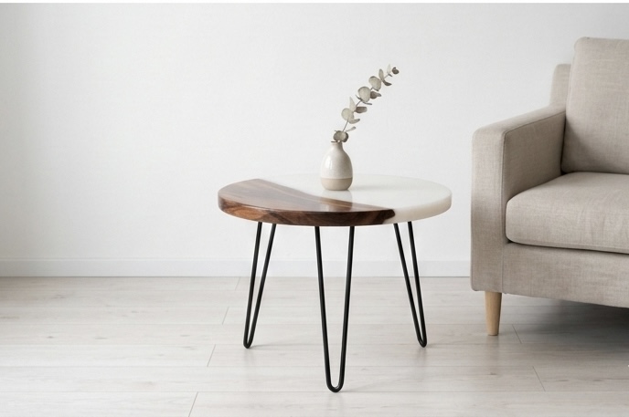 Dizajnový konferenčný stolík z masívneho dreva (čerešňa) a bieleho epoxidu – „Pure Harmony“